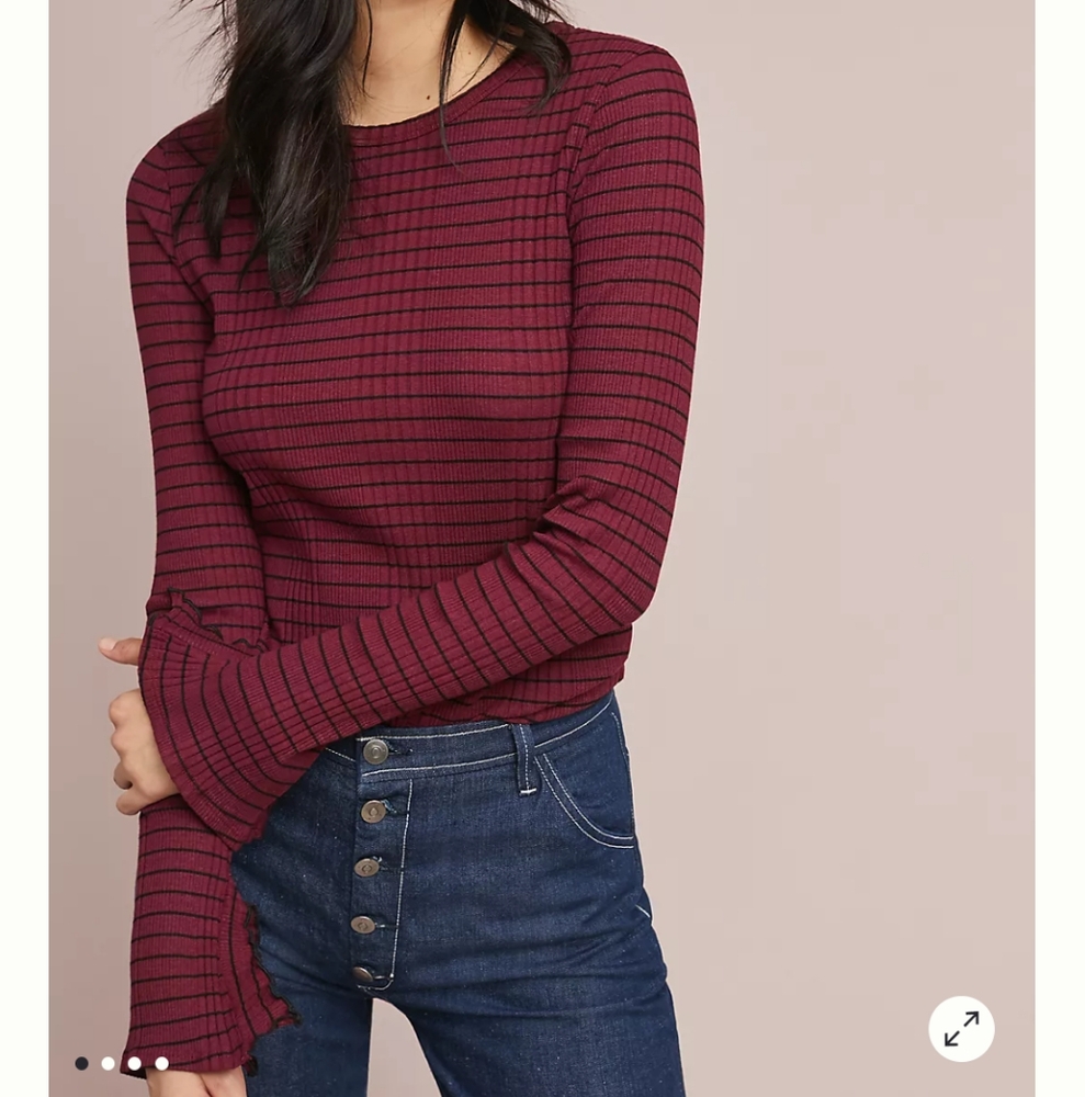 🌸 Anthropologie Michael Stars Everyday Long Sleeve Red Black Stripes Ruffles OS